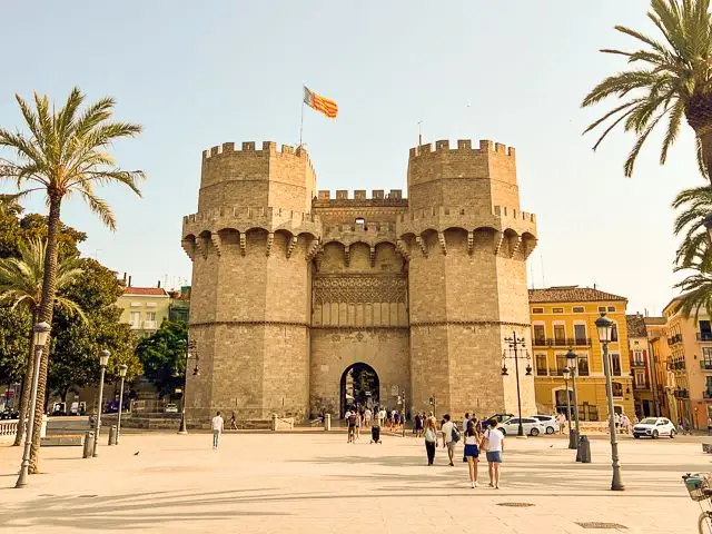 Sunny day and view of the front of the mountain towers and palm trees of the city of Valencia, enjoying the bikes of Hola! Rent a Bike